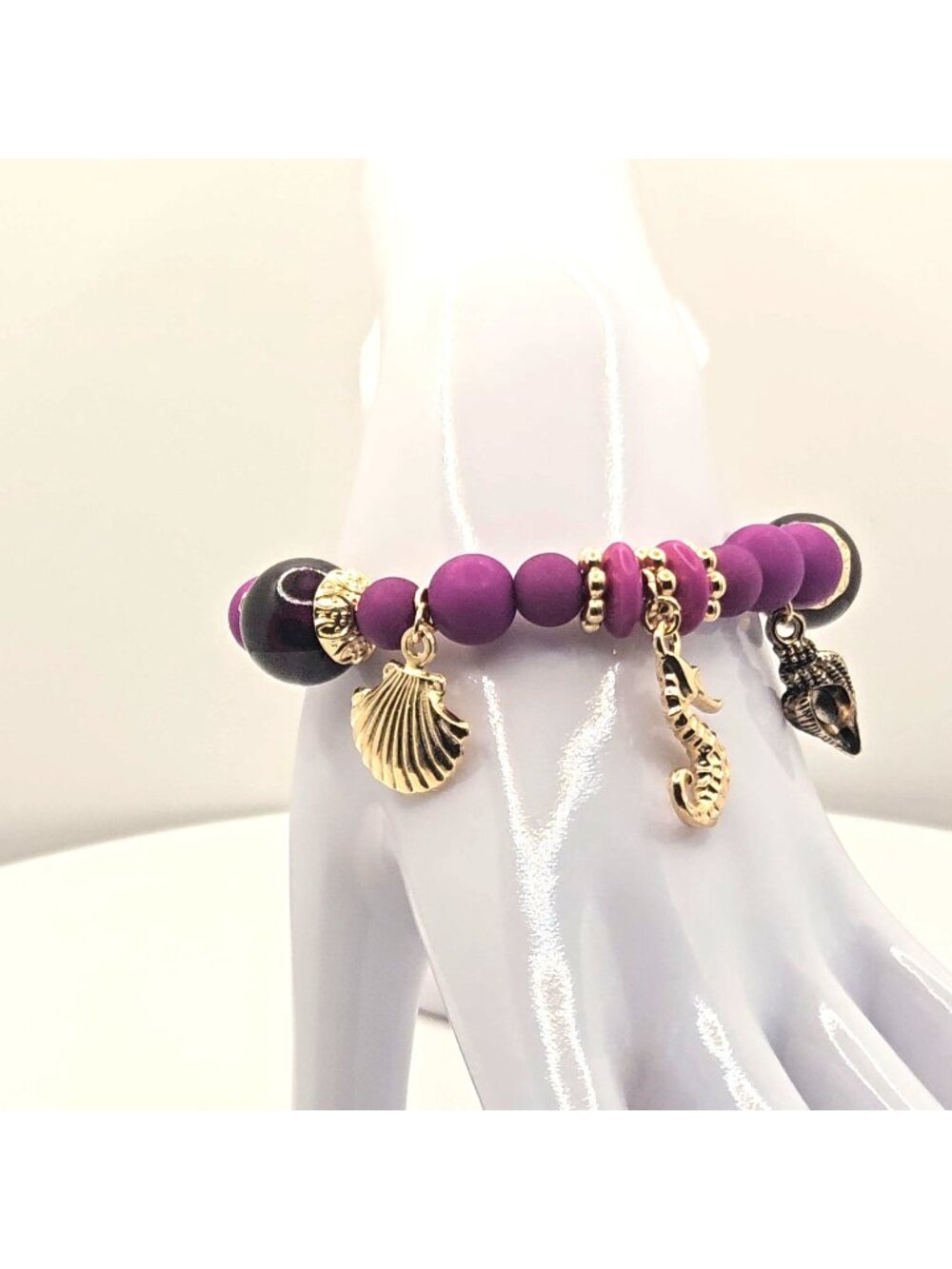 Purple Ocean Charm Bracelet, Seahorse Shell Beaded Bracelet, Stretch Charm Brace